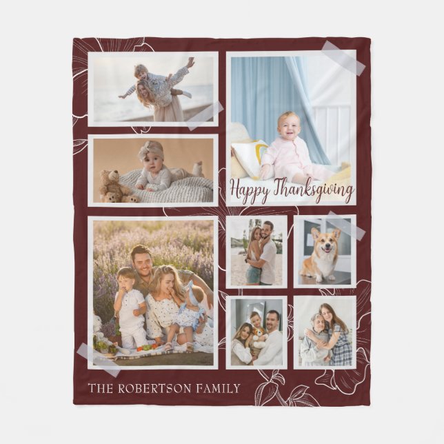 Modern 8 Photo Collage Happy Thanksgiving Fleece Blanket (Front)