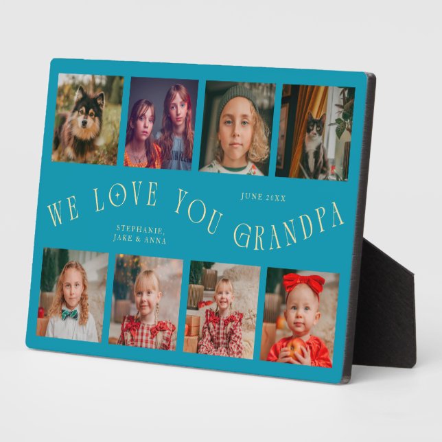 Modern 8 Photo Grid Love You Grandpa Aqua Blue Plaque (Side)