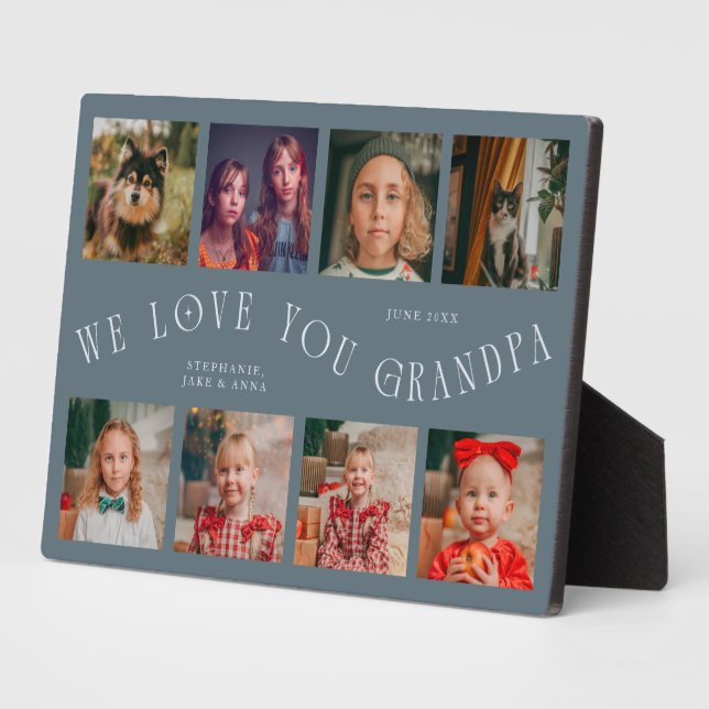 Modern 8 Photo Grid Love You Grandpa Slate Blue Plaque (Side)