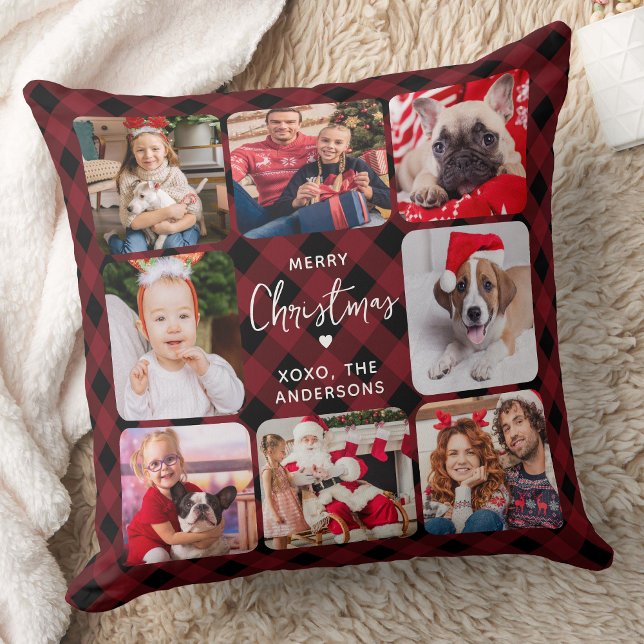 Modern 8 Photos Personalised Holiday Red Plaid Cushion (Creator Uploaded)