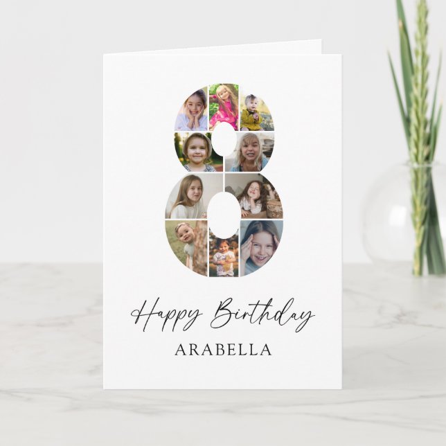 Modern 8th Birthday Photo Collage Card (Front)