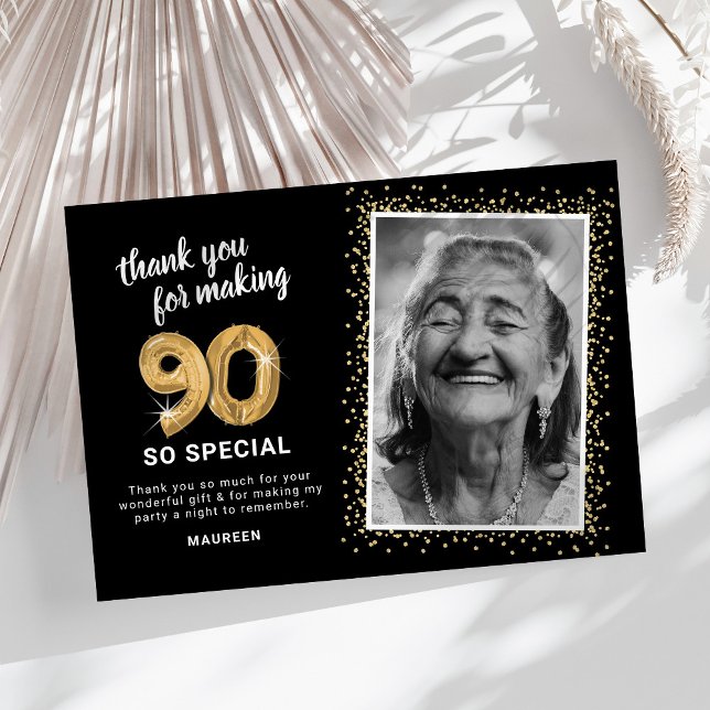 Modern 90th Adult Birthday Photo Thank You Card (Creator Uploaded)