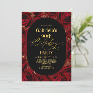  Modern 90th Birthday Elegant Black Gold Floral Invitation