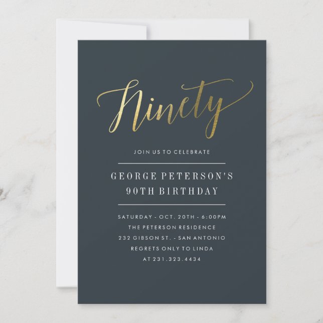 Modern 90th Birthday Invitations -  Faux Gold (Front)