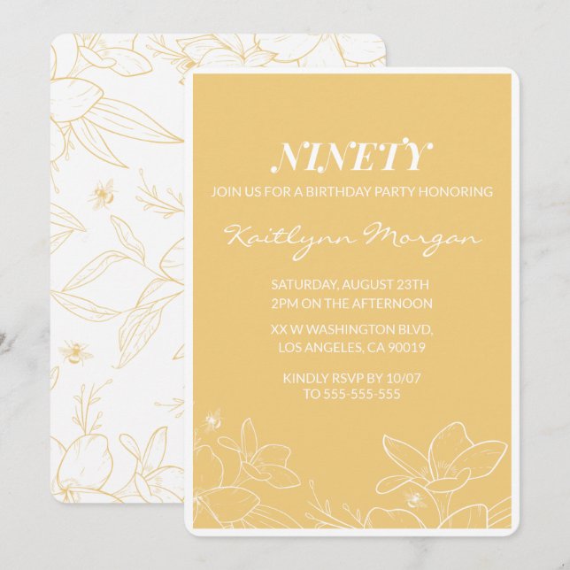 Modern 90th birthday invitations Floral Yellow (Front/Back)