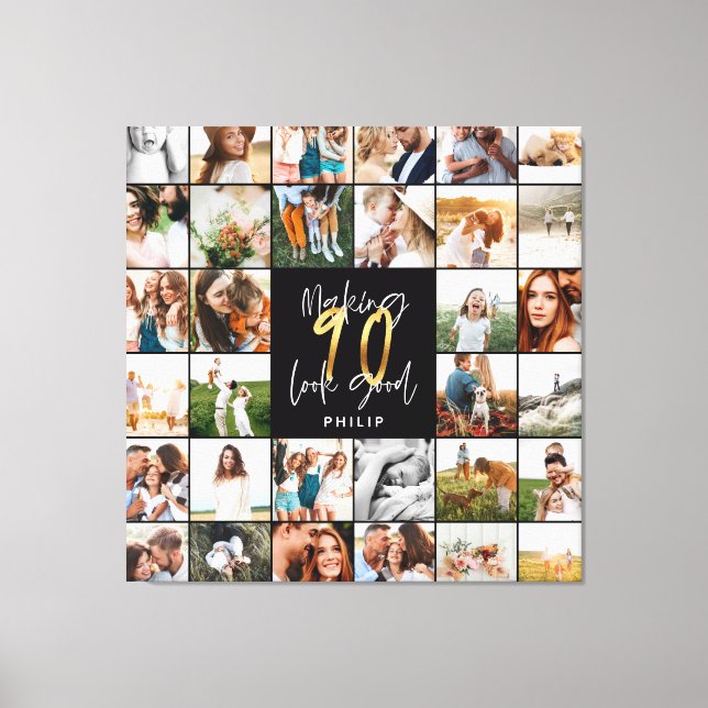 Modern 90th birthday multi photo script gift  canvas print (Front)