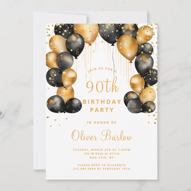 Modern 90th Birthday Party Black Gold  Invitation (Front)