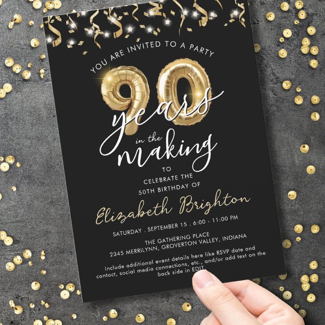Modern 90th Birthday Script Balloon Streamers Invitation (Creator Uploaded)