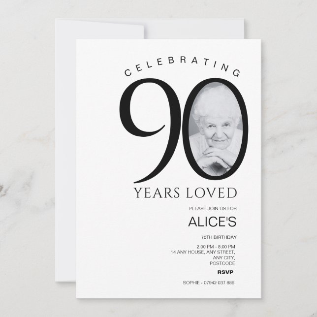 Modern 90th Birthday with Photo in Number, Minimal Invitation (Front)