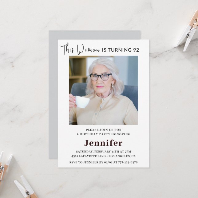 Modern 92nd birthday invitations for her Photo (Front/Back In Situ)