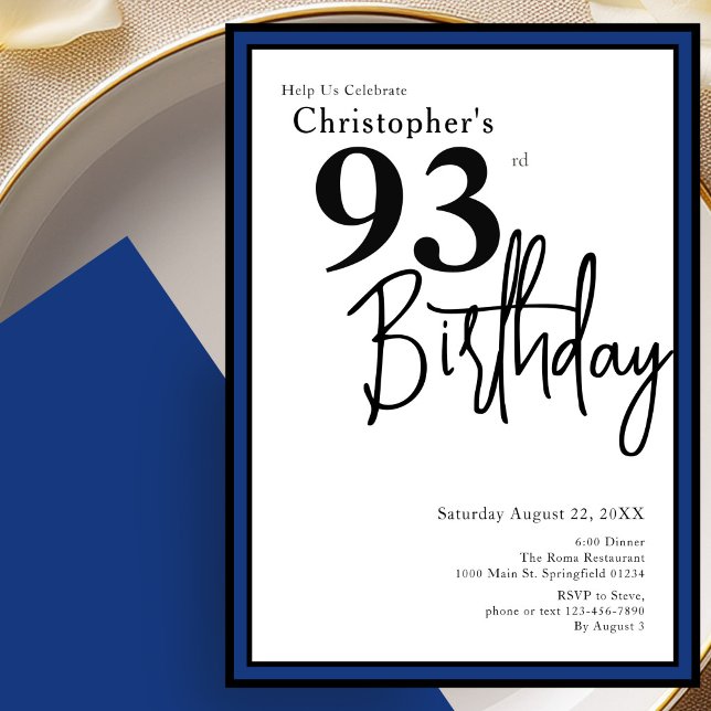 Modern 93rd Birthday Invitation Elegant Black Blue (Creator Uploaded)