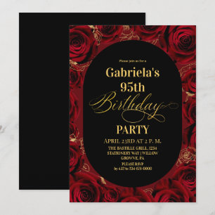  Modern 95th Birthday Elegant Black Gold Floral Invitation