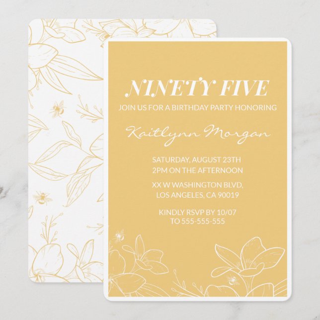 Modern 95th birthday invitations Floral Yellow (Front/Back)