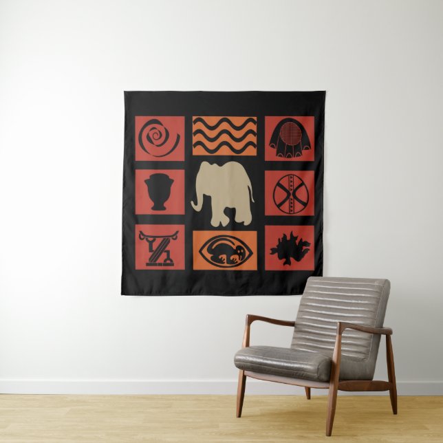Modern Abstract African symbol and elephant art Tapestry (In Situ)