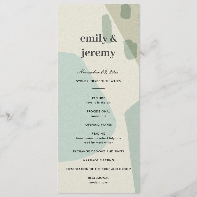 MODERN ABSTRACT AQUA ART WEDDING CEREMONY PROGRAM MENU (Front)