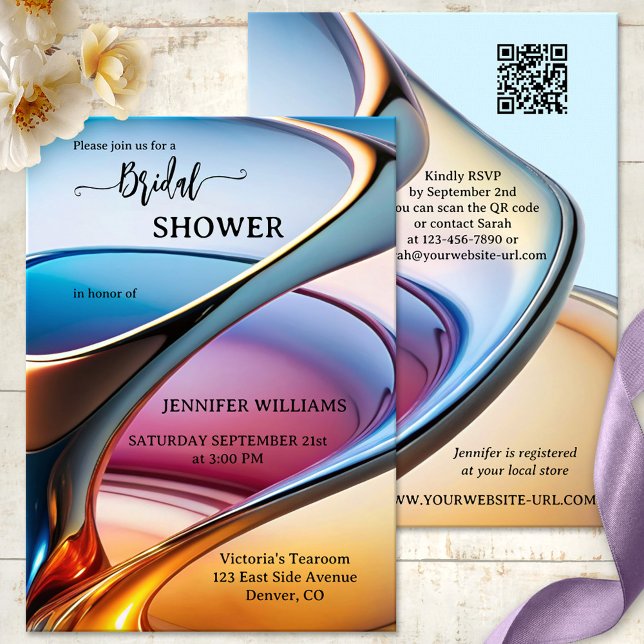 Modern Abstract Art Bridal Shower Invitation (Unique bridal shower invitation featuring colorful abstract modern art - with QR code)
