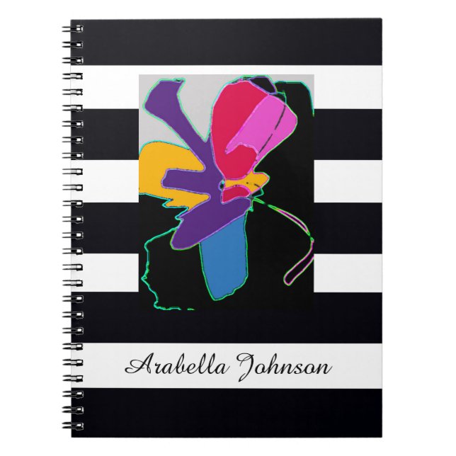  Modern Abstract Art + Custom Name Chic B&W Stripe Notebook (Front)