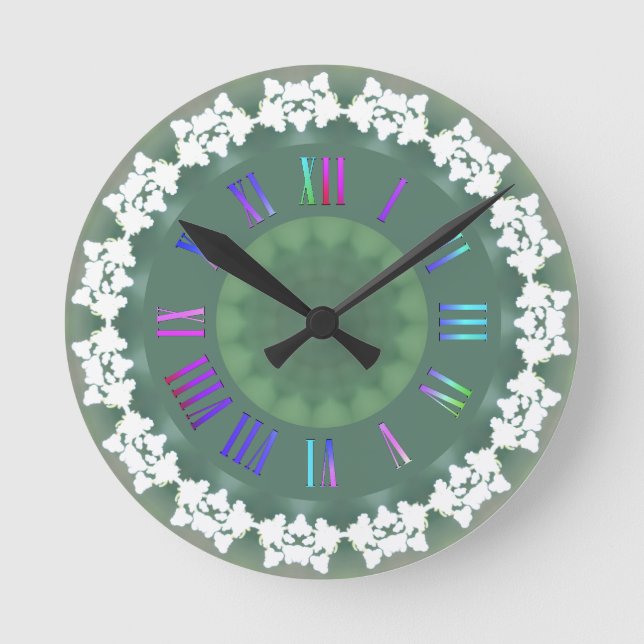 Modern Abstract Art on Sage Green, Roman Numerals Round Clock (Front)