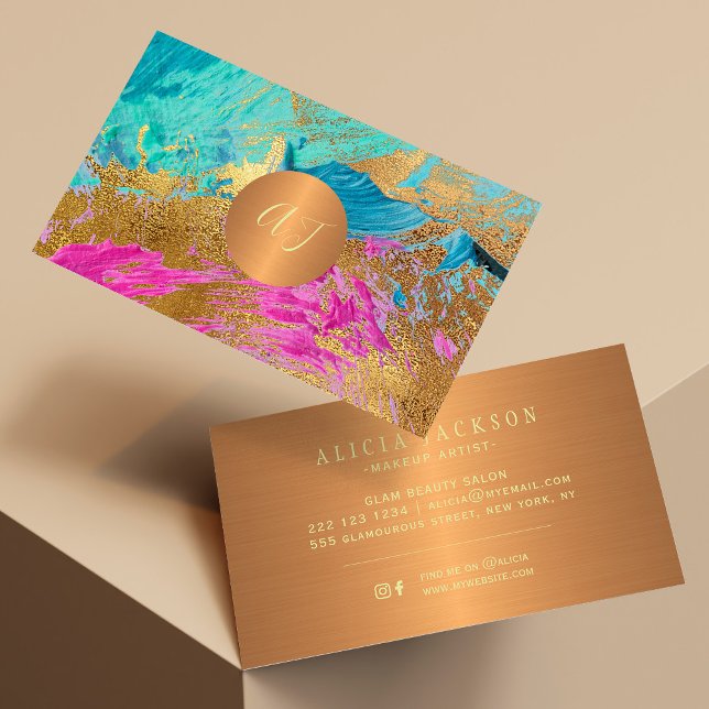 Modern abstract art painting copper gold monogram business card (Creator Uploaded)