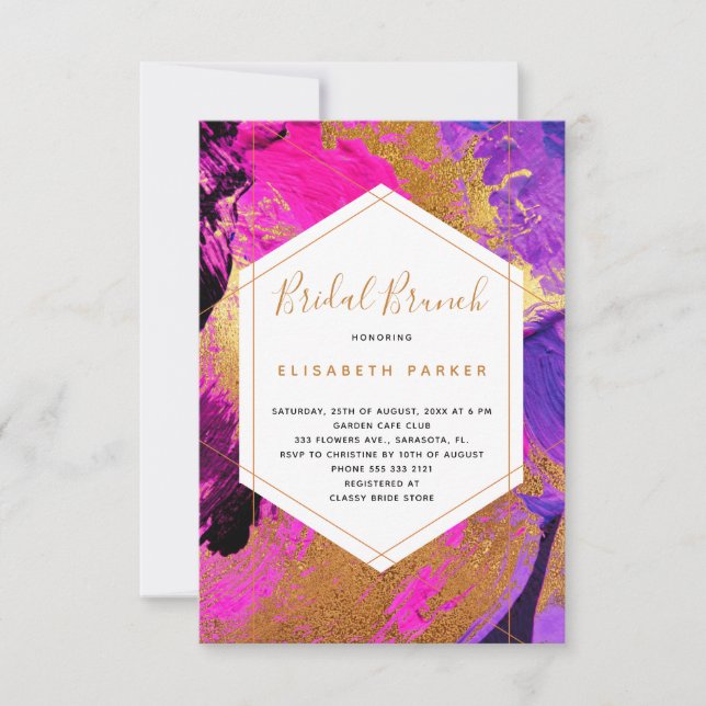 Modern abstract art pink purple gold bridal shower invitation (Front)