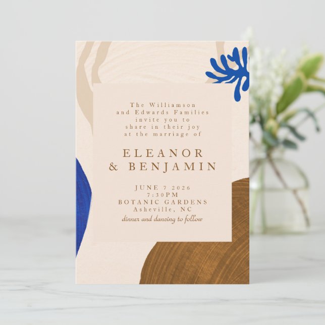Modern Abstract Art Unique Sand and Blue Wedding Invitation (Standing Front)