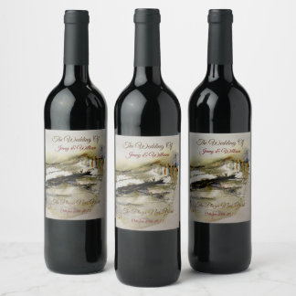 Modern Abstract Autumn watercolour Wedding Wine Label