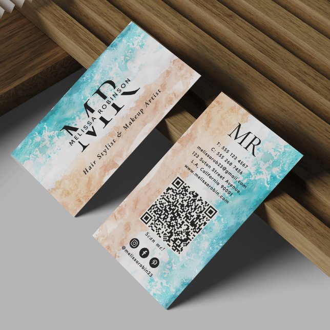 Modern Abstract Beach Watercolor Monogram QR Code Business Card (Creator Uploaded)