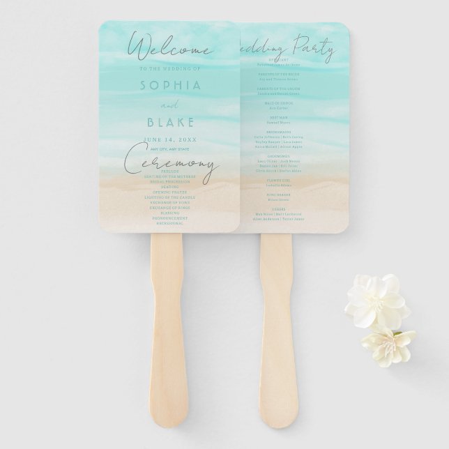 Modern Abstract Beach Wedding Program Hand Fan (Front and Back)