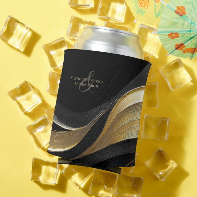 Modern Abstract Black and Gold Elegant Wedding Can Cooler (In Situ Summer)