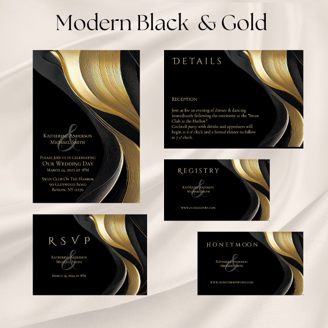 Modern Abstract Black and Gold Elegant Wedding Invitation (Modern Black and Gold Abstract Wedding Collection)