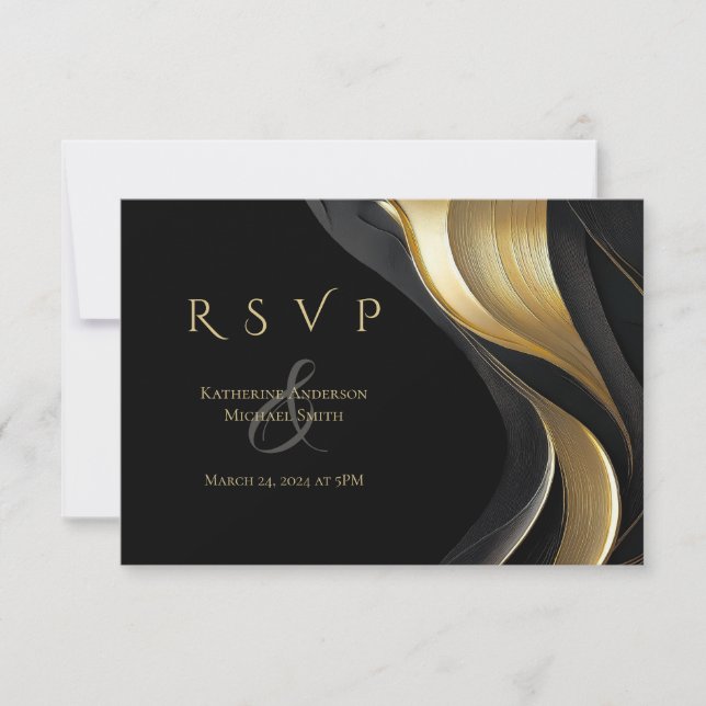 Modern Abstract Black and Gold Elegant Wedding RSVP Card (Front)