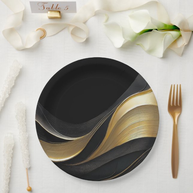 Modern Abstract Black and Gold  Paper Plate (Wedding)