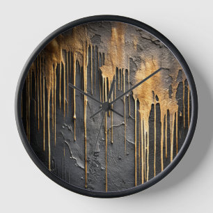 Modern Abstract Black and Metallic Gold Drips Clock