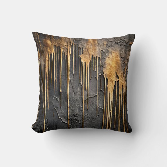 Modern Abstract Black and Metallic Gold Drips Cushion (Front)