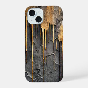 Modern Abstract Black and Metallic Gold Drips iPhone 15 Case
