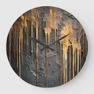 Modern Abstract Black and Metallic Gold Drips Large Clock
