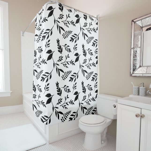 Modern Abstract Black and White Botanicals Leaves Shower Curtain (In Situ)