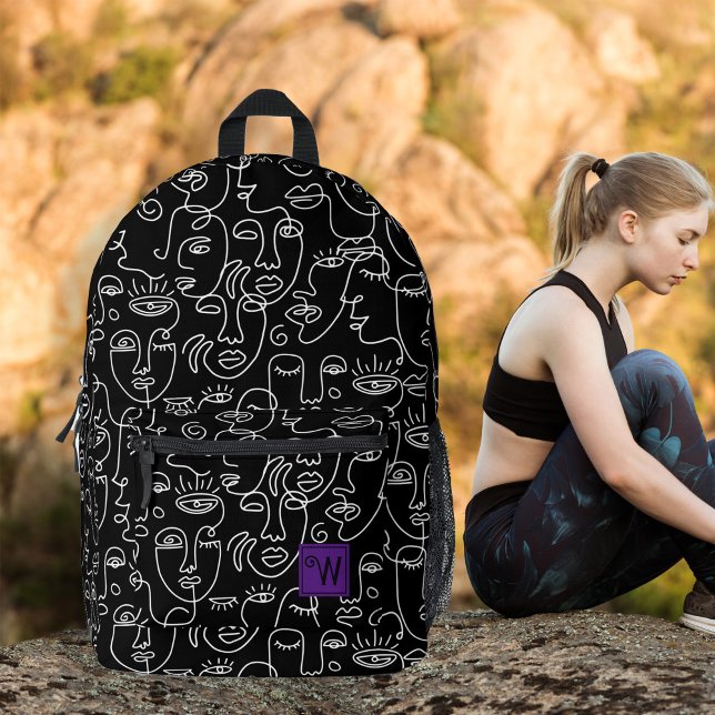 Modern Abstract Black and White Line Face Monogram Printed Backpack (Modern abstract face line black and white monogram backpack for teen, lady; back to school & travel.)