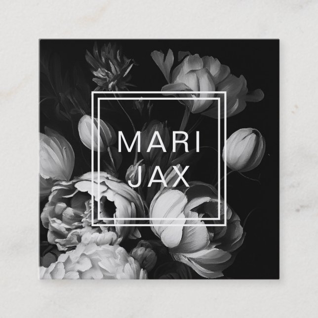 Modern Abstract Black and white painterly flowers Square Business Card (Front)