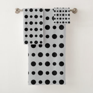 Modern Abstract Black Polka Dots on Silver Grey Bath Towel Set