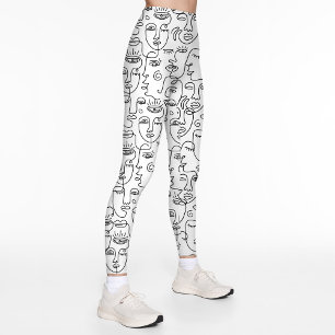 Modern Abstract Black White Face Line Pattern Leggings