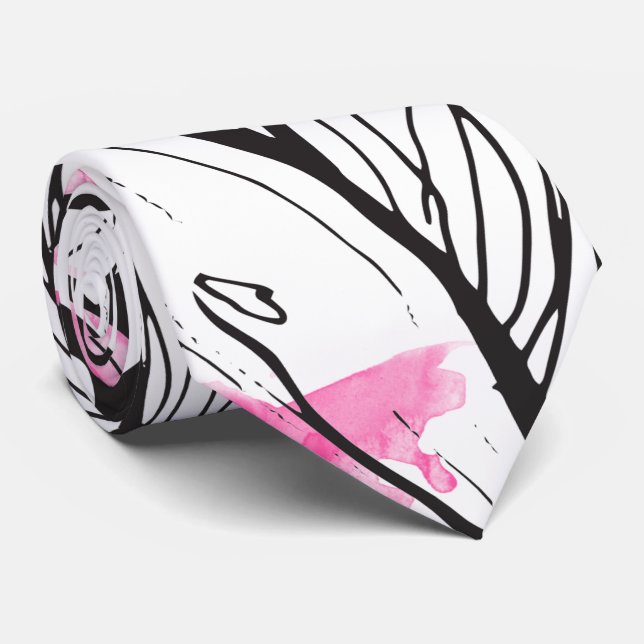 Modern abstract black white floral pink watercolor tie (Rolled)