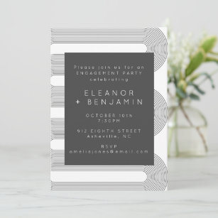 Modern Abstract Black White Lines Engagement Party Invitation