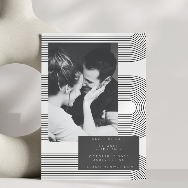 Modern Abstract Black White Lines Photo Wedding Save The Date (Creator Uploaded)