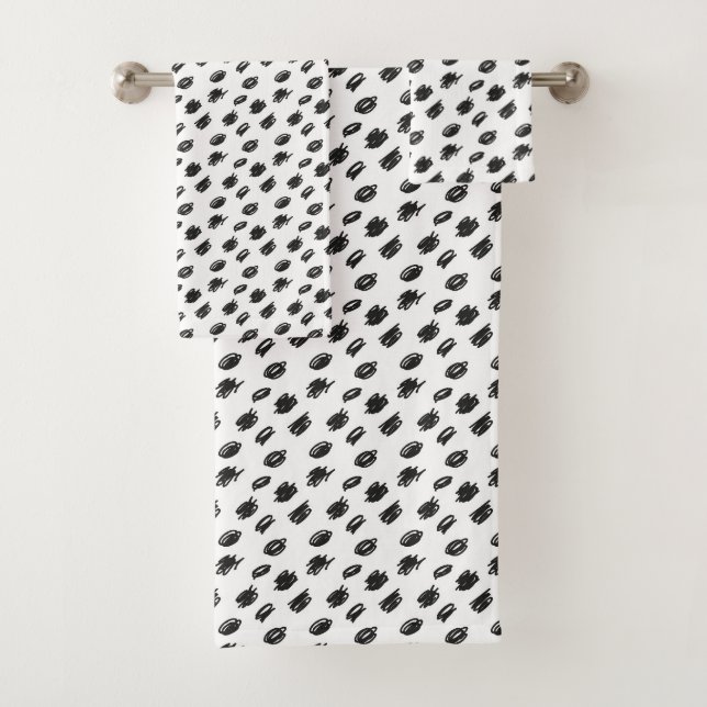 Modern Abstract Black & White Scribble Pattern Bath Towel Set (Insitu)