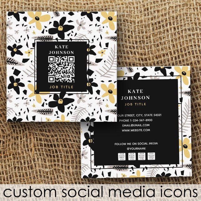 Modern Abstract Black Yellow Grey Floral QR Code Square Business Card (Modern Abstract Black Yellow Gray Floral QR Code Square Business Card)