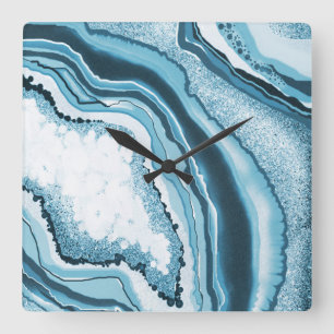 Modern Abstract Blue Agate Geode Gemstone Square Wall Clock