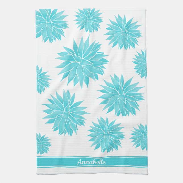 Modern Abstract Blue Agave Pattern | Personalised  Tea Towel (Vertical)