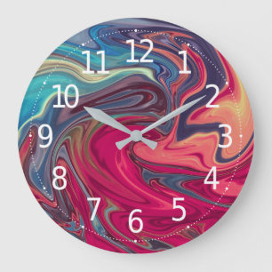 Modern Abstract Blue and Red Liquid Marble Artwork Large Clock