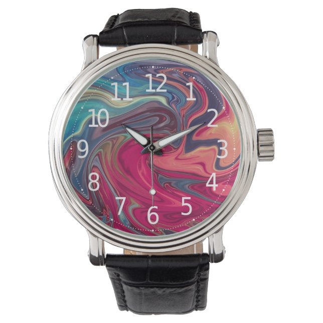Modern Abstract Blue and Red Liquid Marble Artwork Watch (Front)